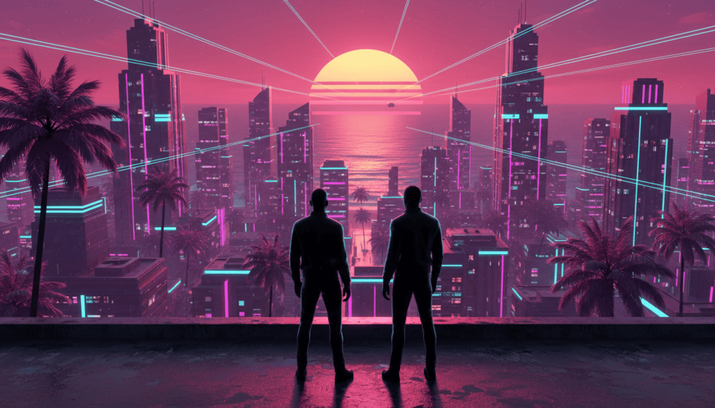 Illustration néon de deux silhouettes anonymes sur un toit face à une ville côtière tropicale au coucher du soleil